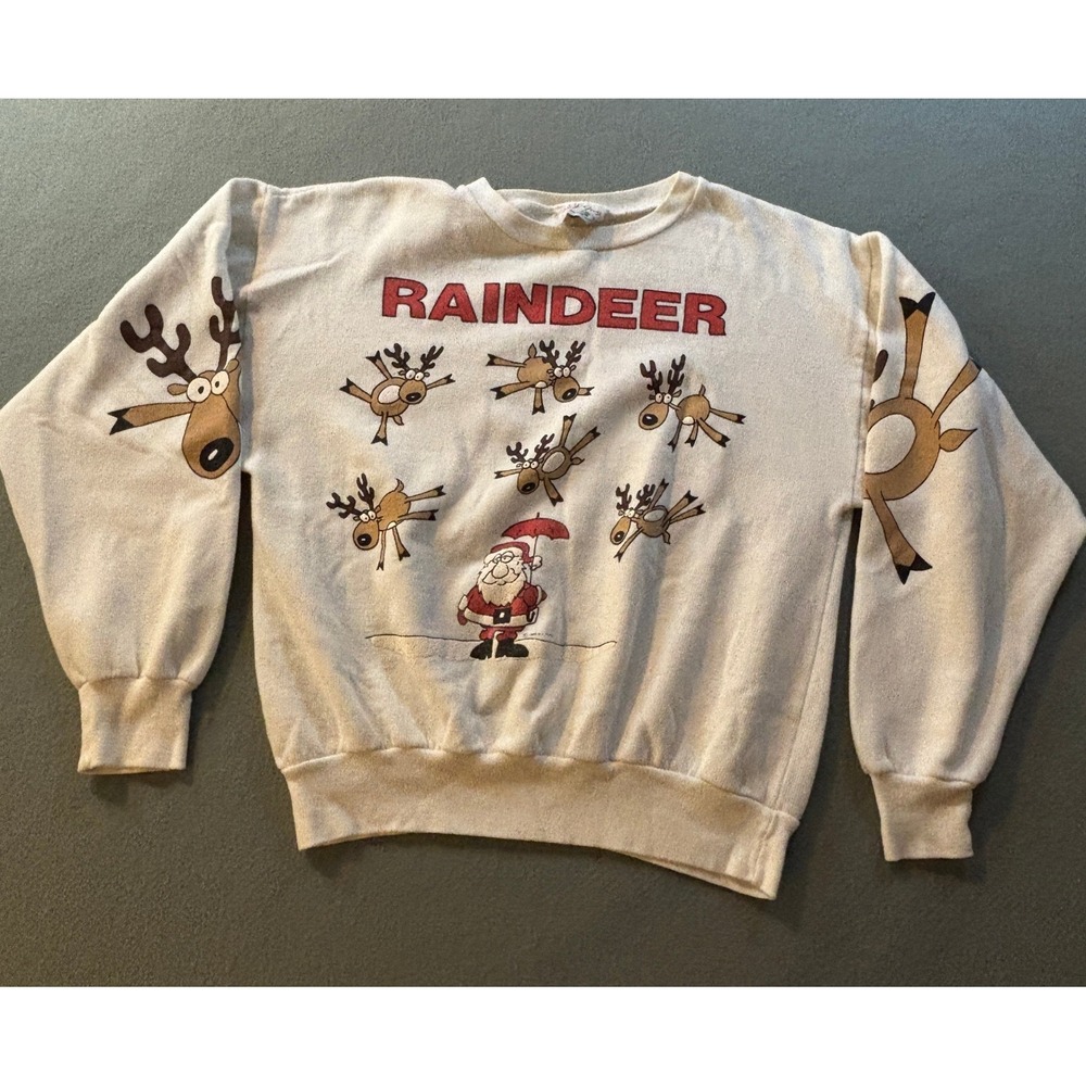 VTG B.J. Frog Reindeer Santa Christmas Sweatshirt Womens S White Holiday 90s